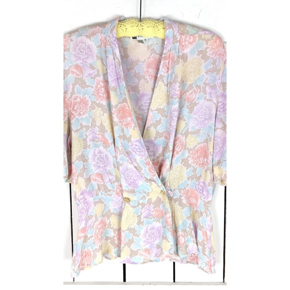 Vintage pastel pink floral short sleeve wrap peplum blouse - Picture 2 of 5
